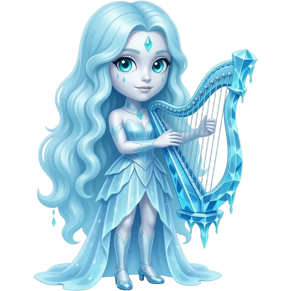 A full-body magical frozen waterfall harpist with a big head and small ...