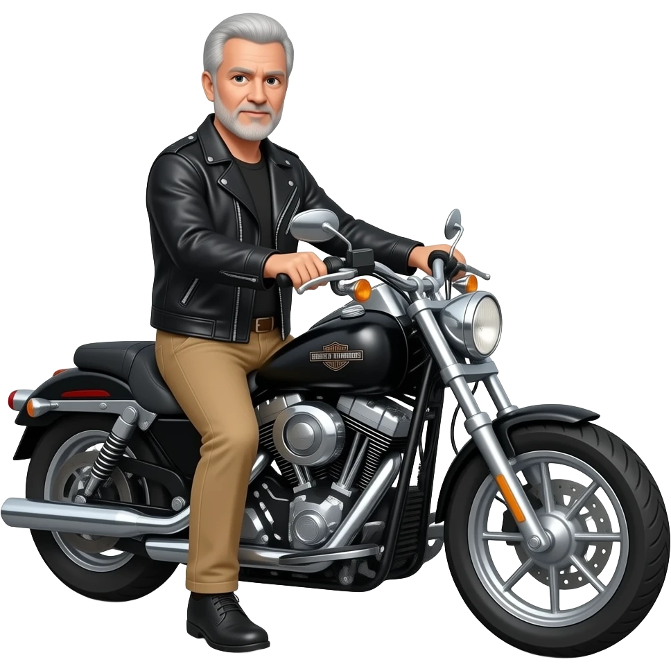 Gray haired man with no beard in black leather jacket and tan pants riding on a harley heritage classic emoji