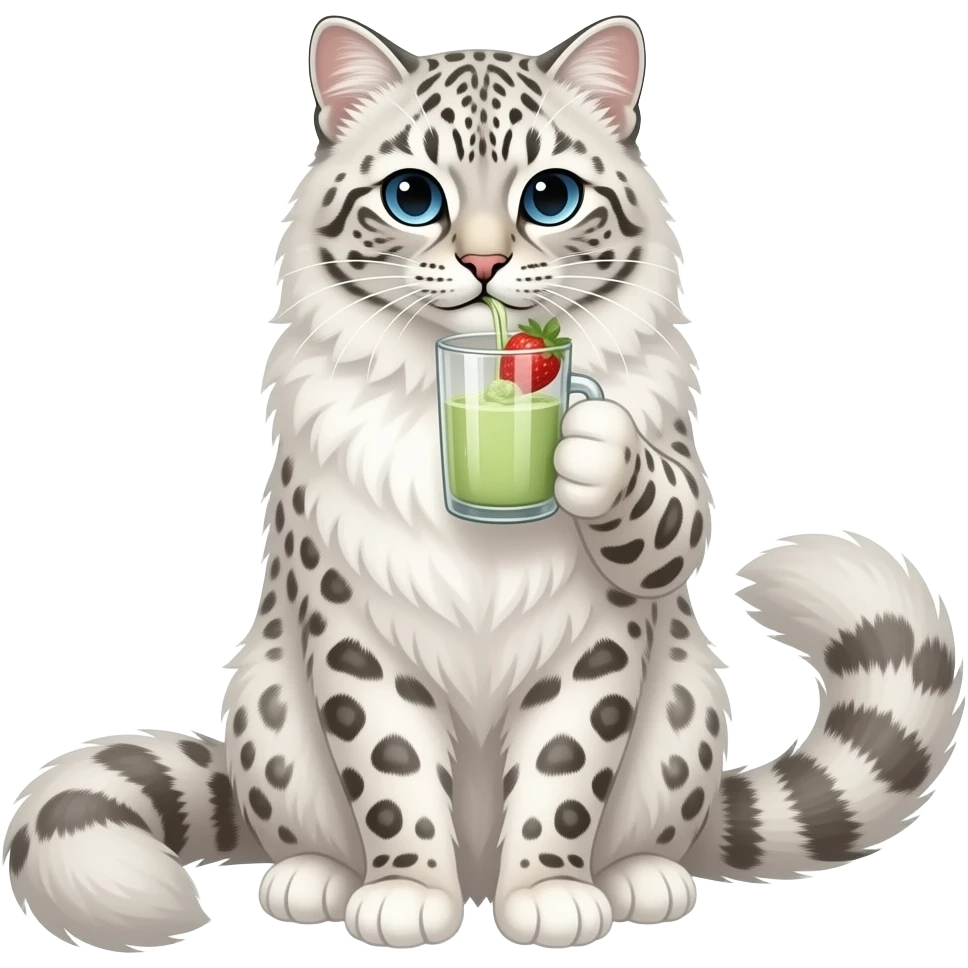 Fluffy snow leopard like ragdoll cat standing up while drinking strawberry matcha emoji