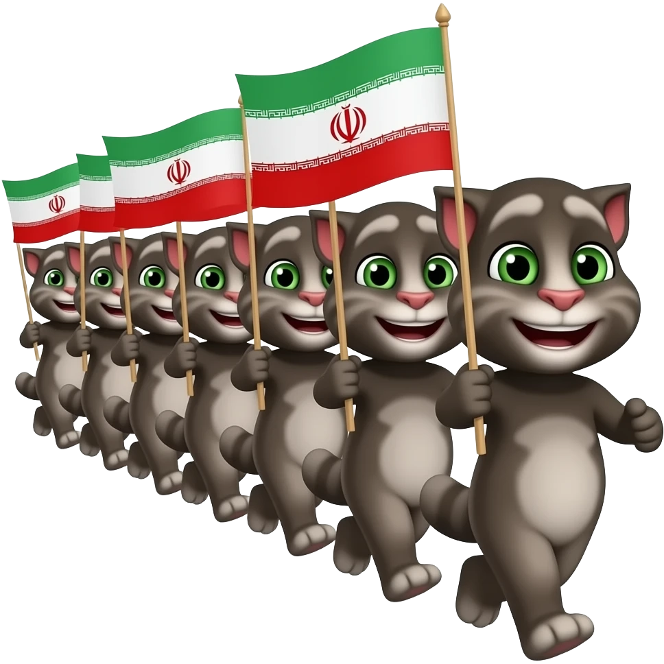 ۱۰۰ تاTalking Tom با پرچم ایران دستشون دارن به صورت صف حرکت می کنند emoji