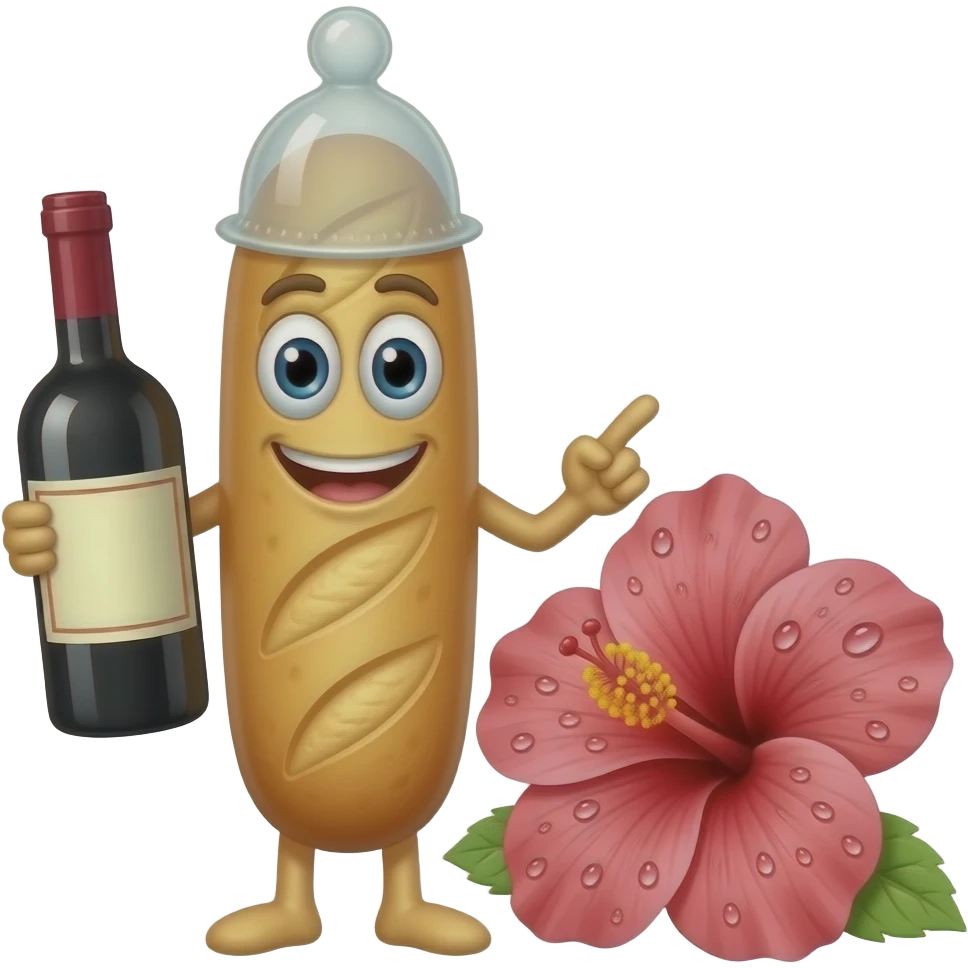 Baguette avec bouche yeux et bras, avec un preservatif sur le haut de la tete et une bouteille de vin dans la main. L'autre main a 2 doigts tendus et collés touchant le centre d'un hibiscus qui a beaucoup de gouttes d'eau sur les petales. Le bout du preservatif est rempli d'un liquide blanc emoji