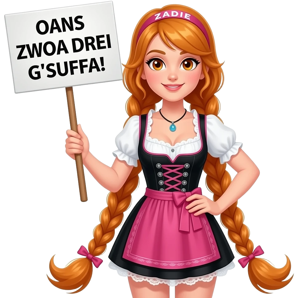 sexy girl with overlong ginger braids and ginger eyes wearing a black pink dirndl and a pink headband with ZADIE written on it, is holding a sign with OANS ZWOA DREI G'SUFFA! written on it emoji