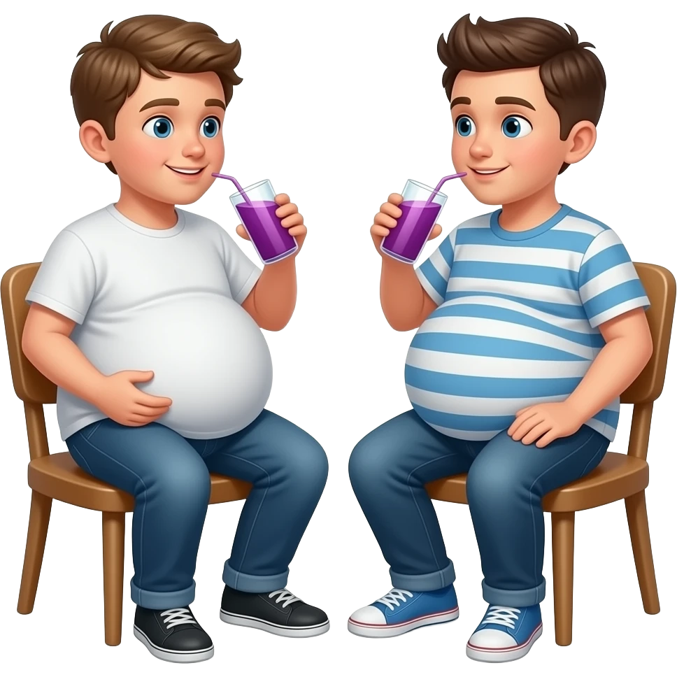 Oba chłopaki z bardzo ogromnymi brzuchami mają 14 lat ich brzuchy mają kształt jak super ogromna kula siedzą na krześle i rozmawiają piją 🟣 emoji