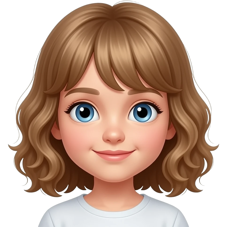 white kid blue eyes mid length with bangs soft curly hair light brown emoji