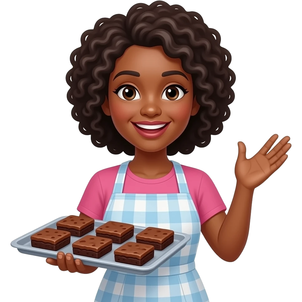 a black woman holding a tray of brownie and saying enjoy emoji
