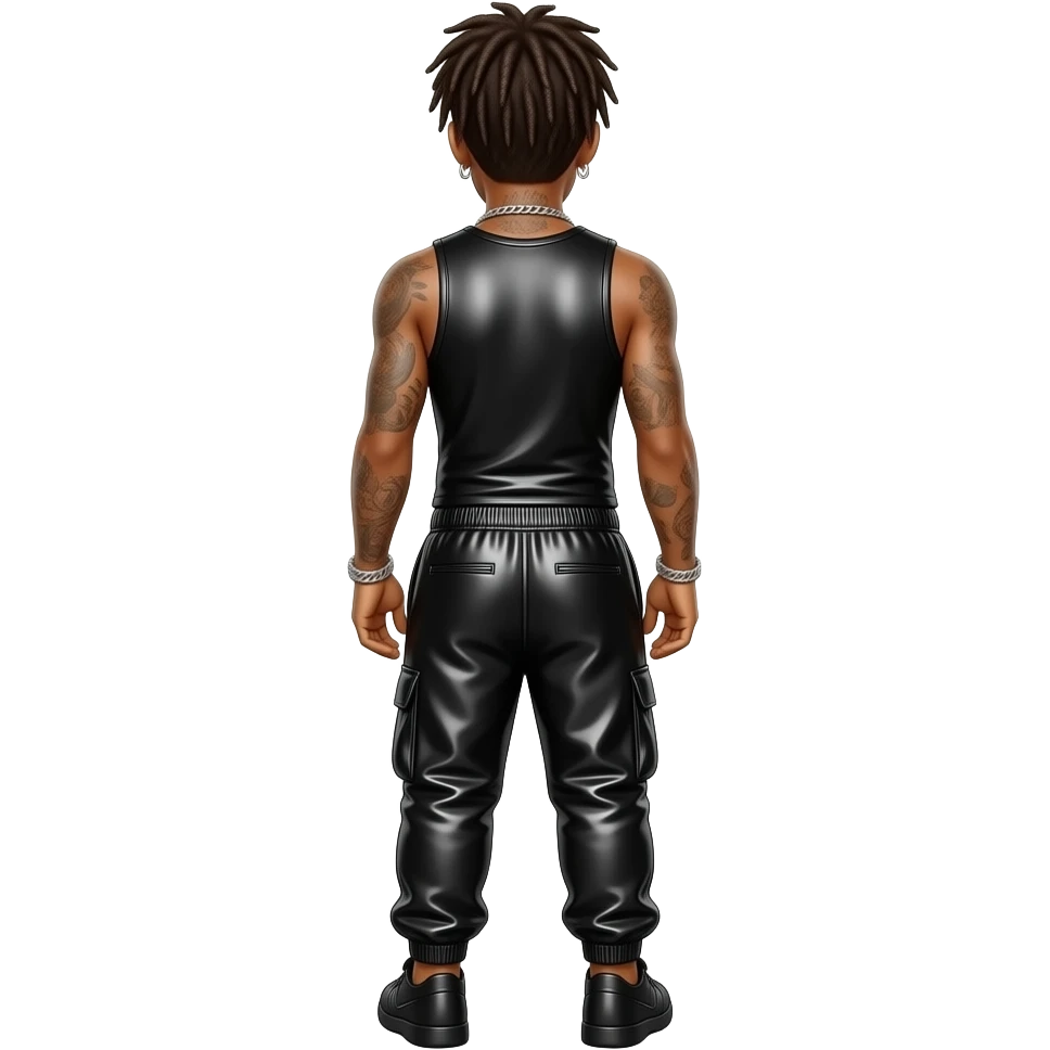 Jack Harlow from behind with fair skin, brown hair, black metallic tank top, black metallic baggy joggers emoji