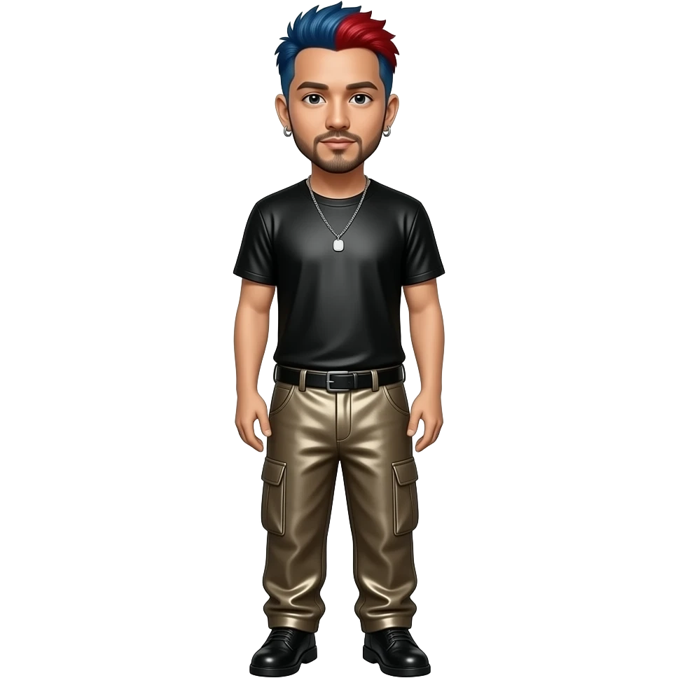 Mike Shinoda with indigo hair with red highlights, black metallic T-shirt, dark beige metallic baggy pants, black shoes, necklace and earrings emoji