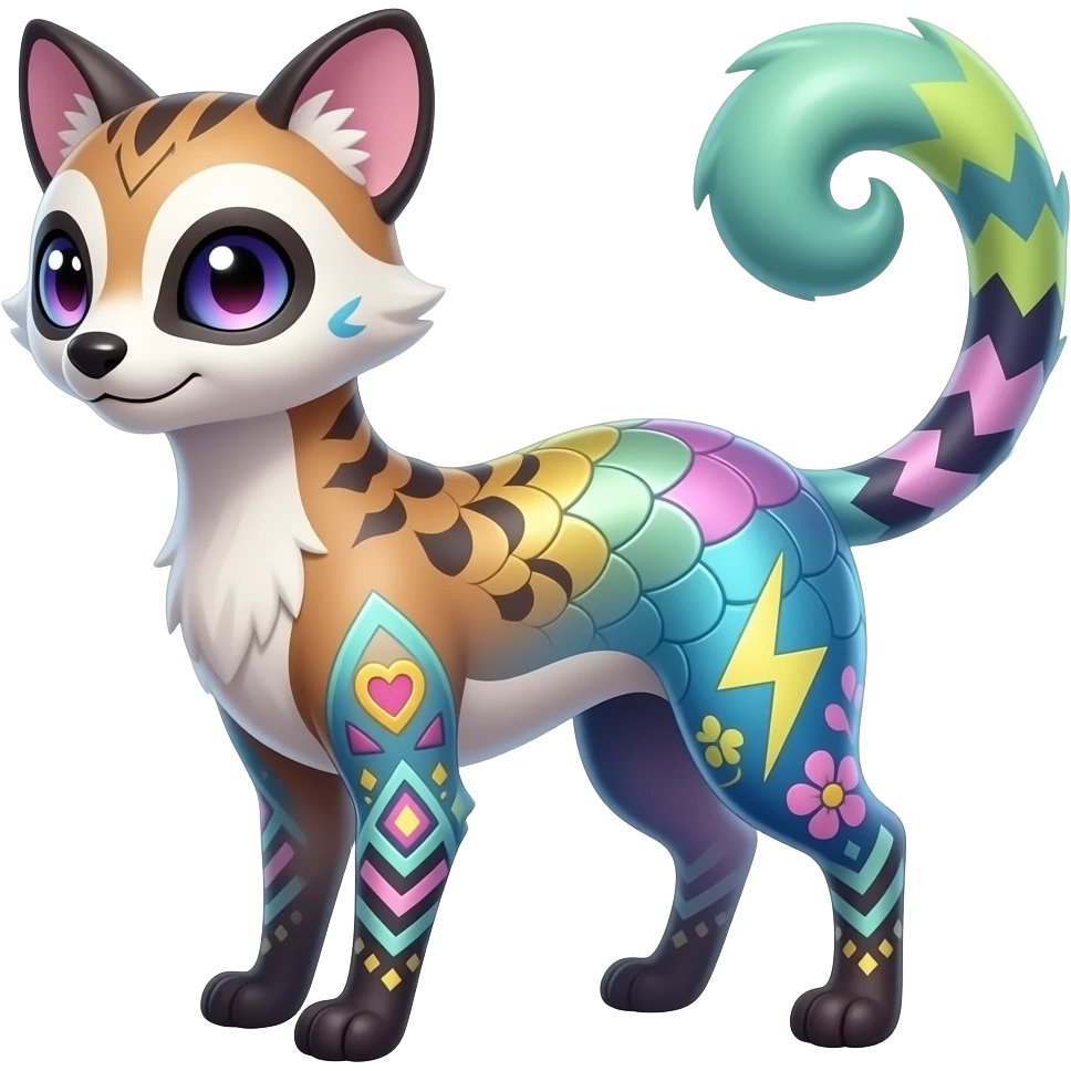 Colorful scaly soft spunky elegant thin Realistic tall slim unique fantasy original shiny smooth soft flurry edgy cool Civet-Absol-Sprigatito-Vaporeon-Fakémon-hybrid with tribal chevron heart floral lightning bolt strikes damask paisley markings emoji