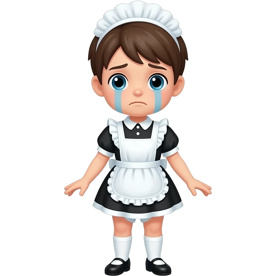 a sad boy maid in a maid dress and exposed diaper, stands obeidetly emoji