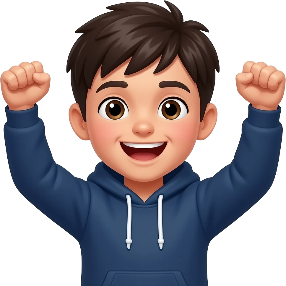 boy with dark hair cheering wearing dark blue hoodie emoji