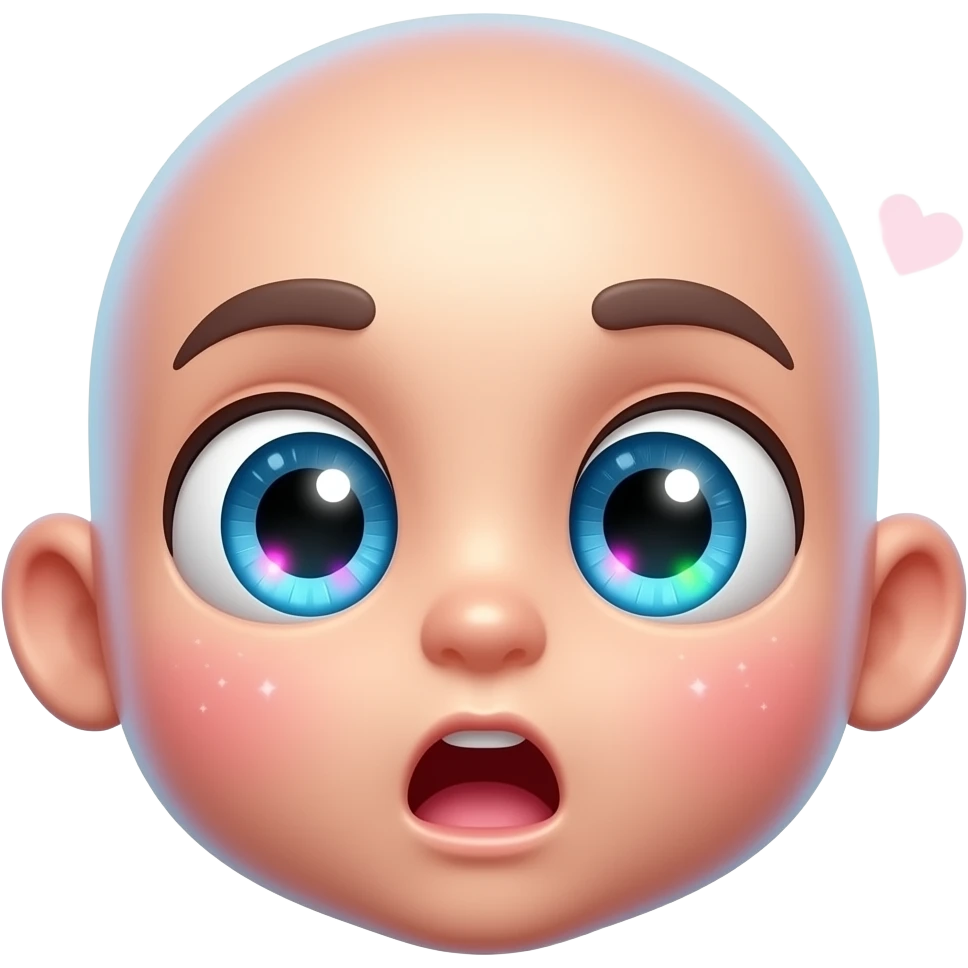 Cute happily shocked emoji with huge sparkling eyes, glowing holographic highlights, glossy 3D texture, floating sparkles and hearts, kawaii internet sticker style emoji