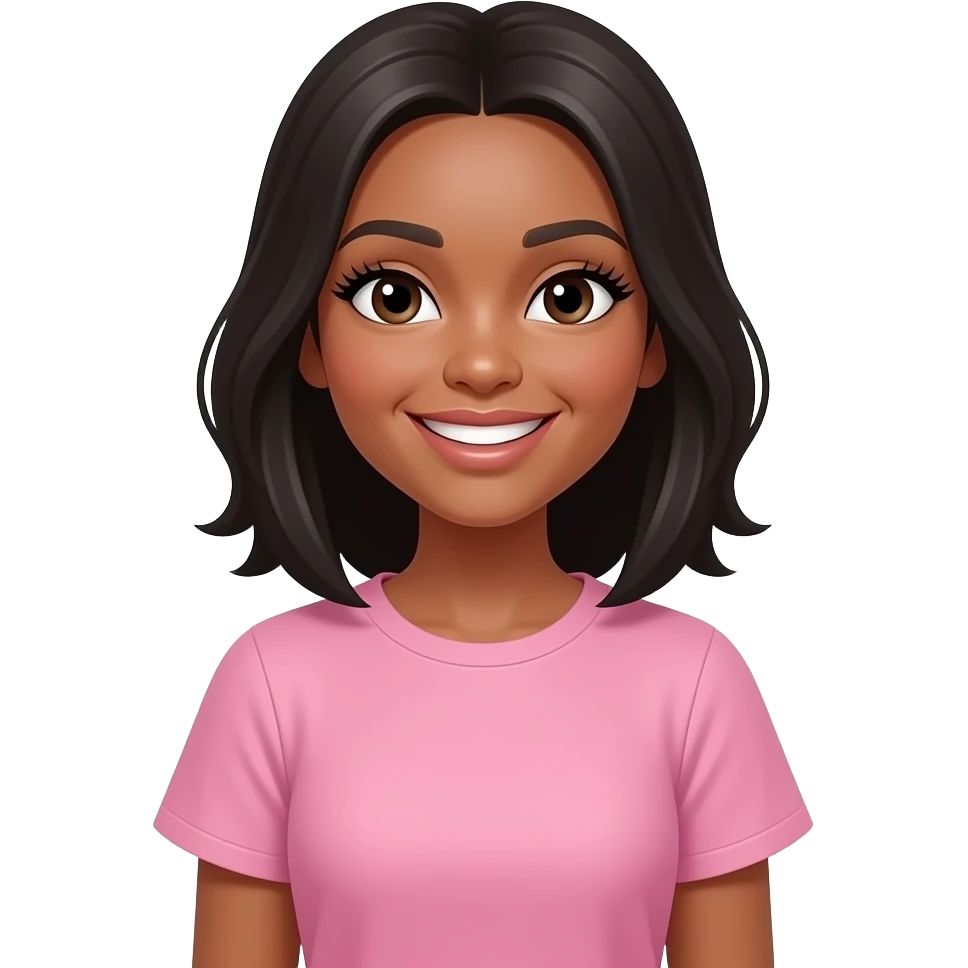 Gere um emoj de uma linda moça de pele clara,cabelo médio na altura do ombro,,liso,preto, sorrindo. Ela possui cilios grandes com extensao de cilios, a moça veste uma camiseta com mangas curtas bufantes, na cor rosa choque. A moça esta acaompanhada de Jesus, os dois estao abraçados de lado. emoji