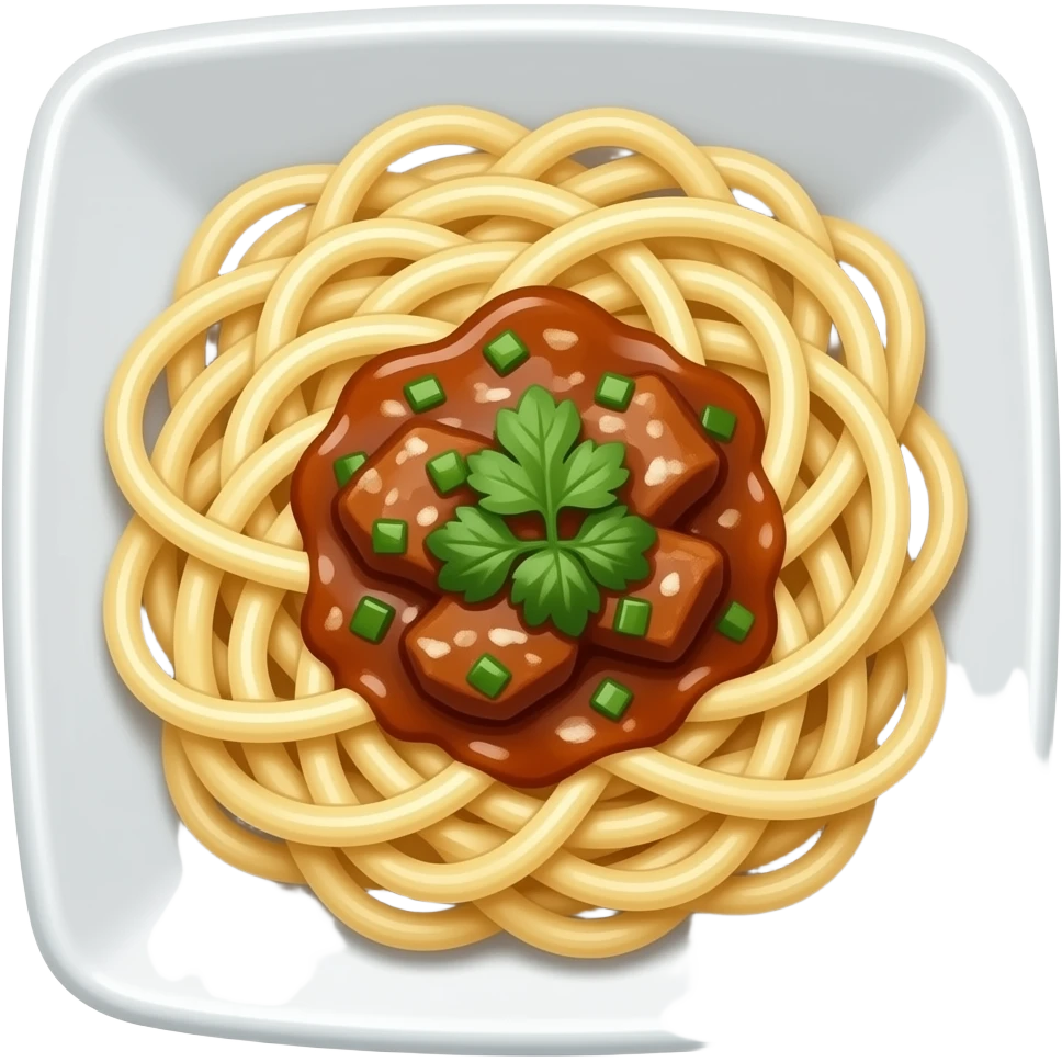 широкая лапша на тарелке квадратной с мясом в сливочном соусе emoji