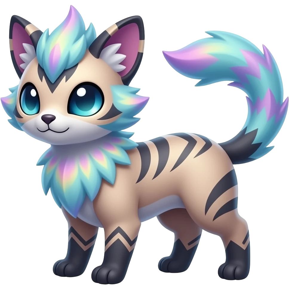 Colorful unique fantasy original shiny smooth soft flurry edgy cool Civet-Sprigatito-Vaporeon-Fakémon-hybrid with tribal markings emoji