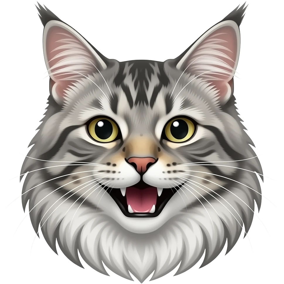 Silver tabby maine coon with laugh, more fur, thinner, only head emoji