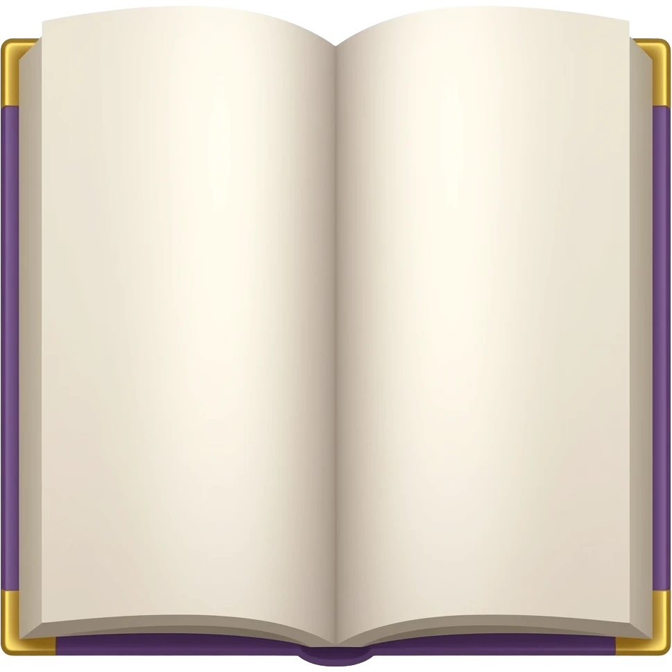 Open fantasy book emoji, pages facing viewer, thin purple hardcover with gold corners, cream pages, centered, transparent background, polished RPG game icon style, no glow, no bookmark emoji
