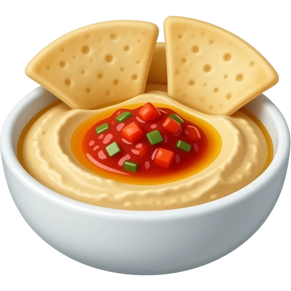 Hummus a little with red salsa in the middle and pita chips emoji