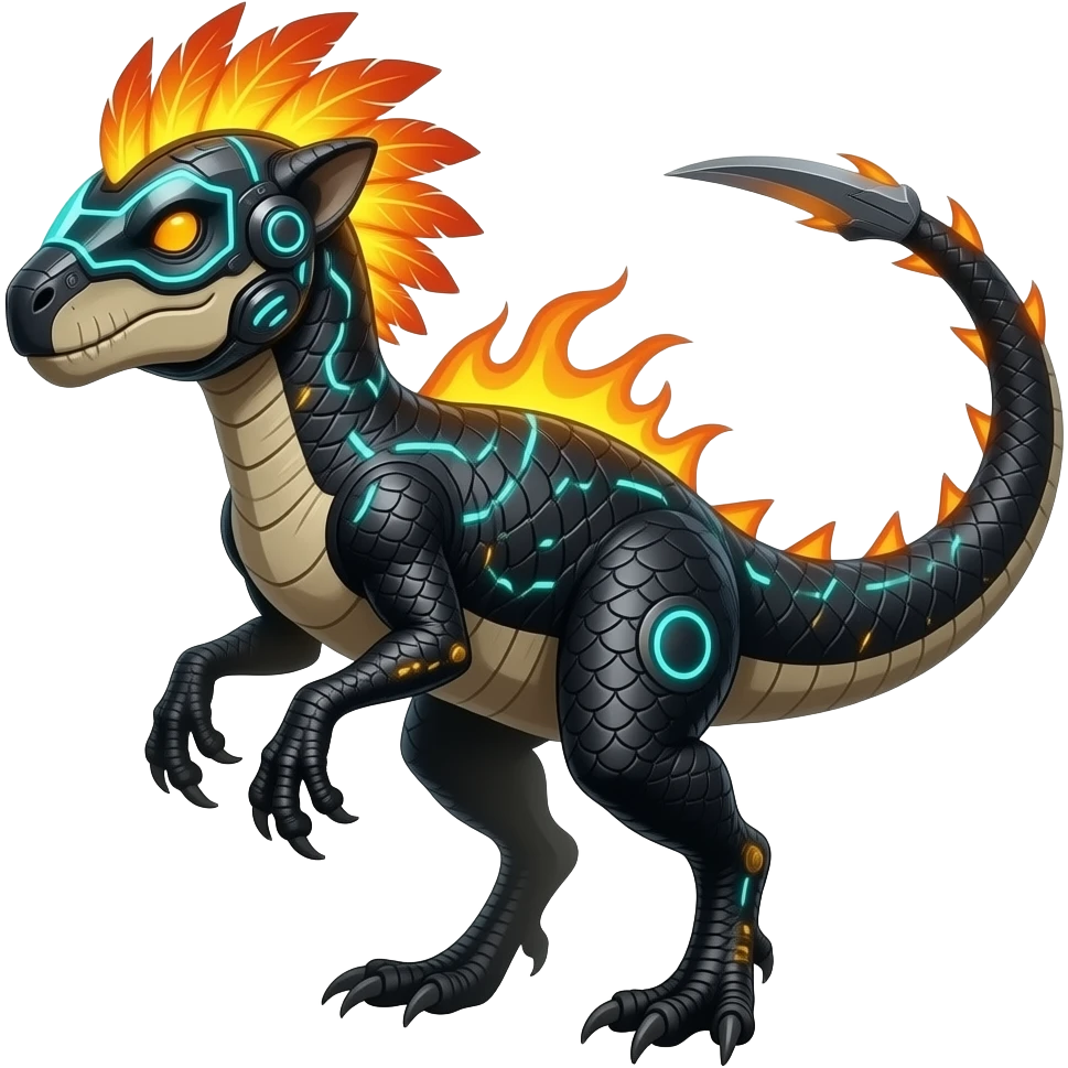 Cool edgy fiery cybernetic electrical visor-helmeted, Circuitry-patterned black-scaled digitigrade futuristic raptorik fantasy-Cyberpunk-Steampunk-Solarpunk-Genesect-Salamence-Cyclizar-Salazzle-Protogen-Fakémon-animal-hybrid, with neon feather-mane, and a tail blade, back spikes emoji