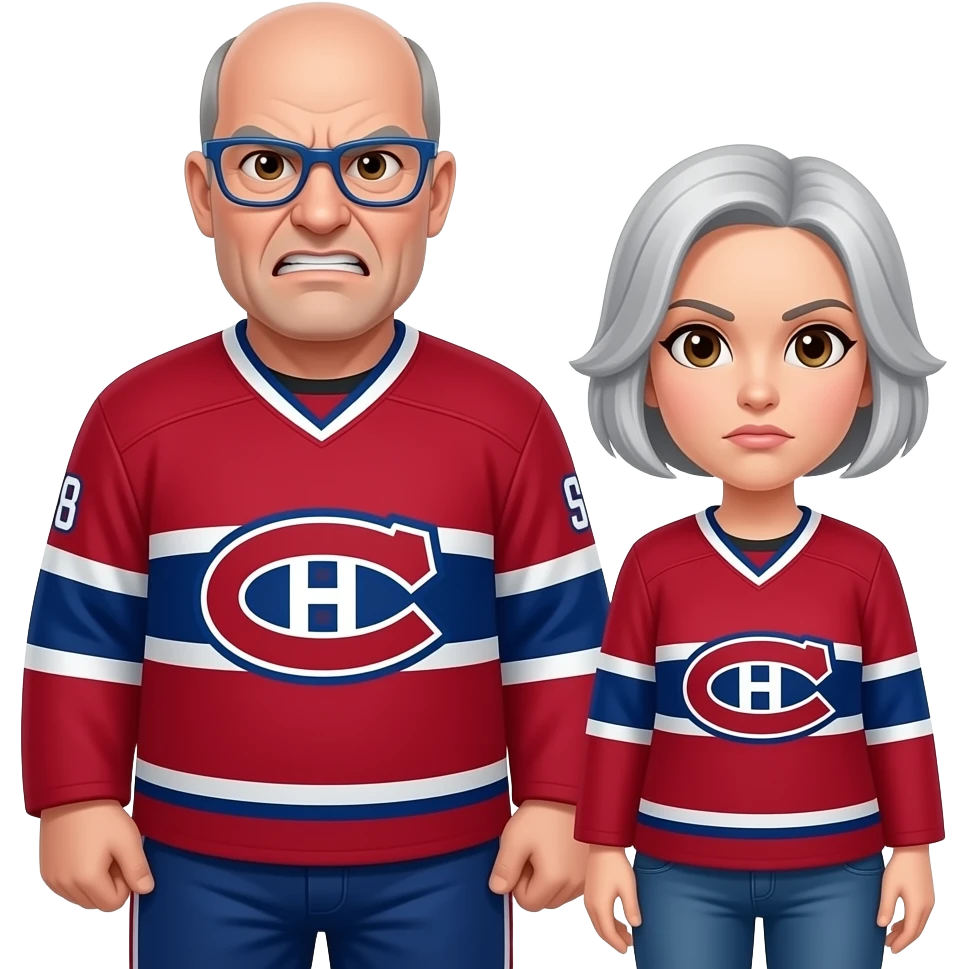 Extremely Angry 50 year old 170 lbs man, completely Bald, no hair, brown eyes, wearing blue glasses and montreal canadiens jersey with short light gray haired woman wearing the same emoji