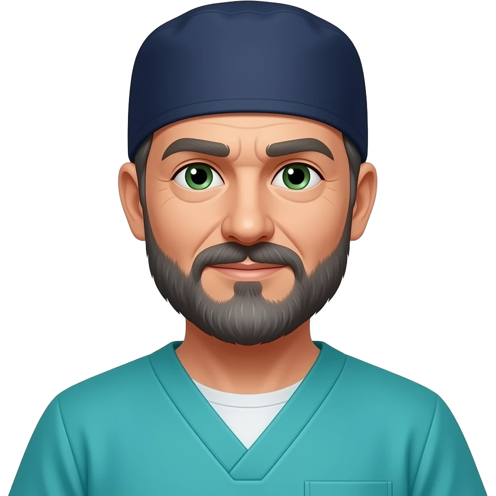 older surgeon with dark gray hair, beard stubble and green eyes in dark navy scub cap, torquoise scrubs with no eyeware emoji