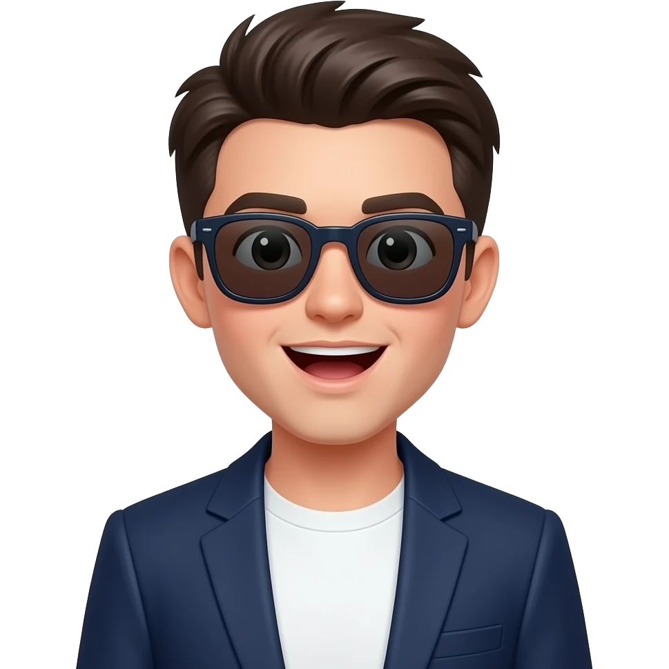 cute young man with completely dark sunglasses in white tshirt and navy blazer, his mouth is opened, eyes small, face round, short neck emoji