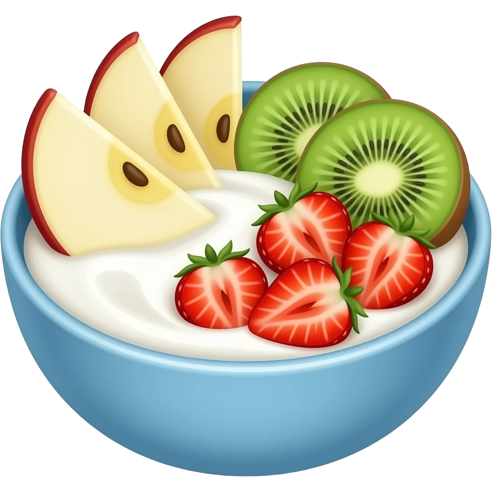 Yoghurt bowl with sliced apples kiwis and strawberries emoji
