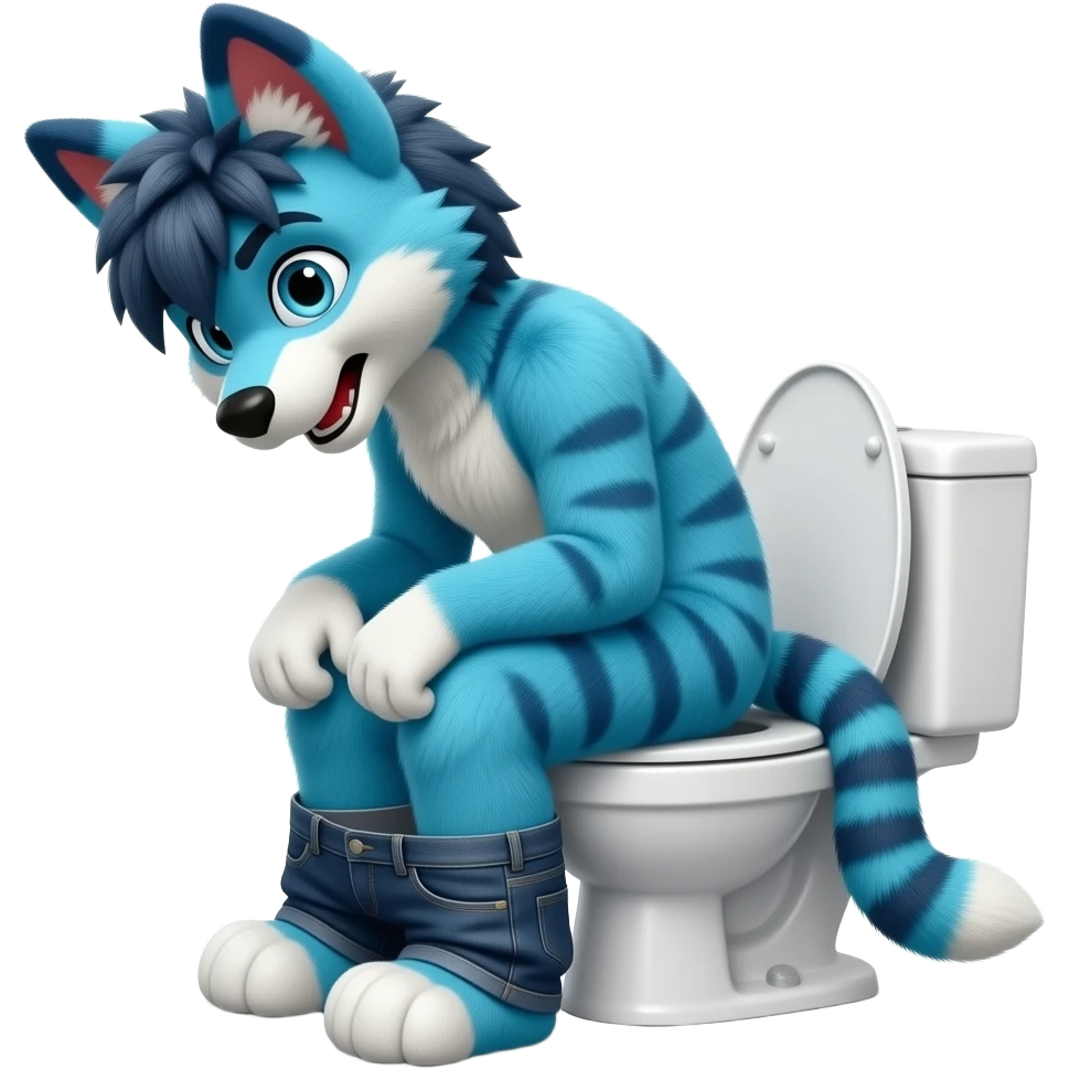 blue fursuit sitting on toilet, side view, pants down,  straining, red face emoji