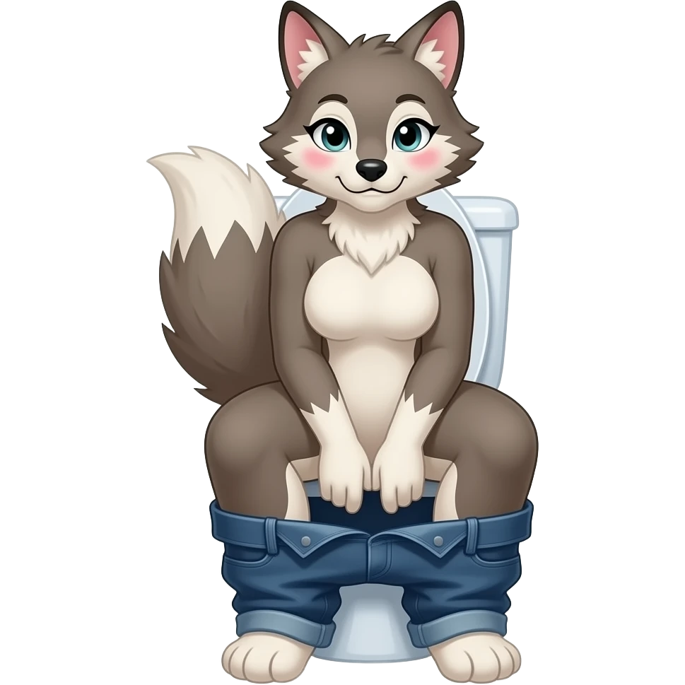 Female coyote furry person woman sitting on toilet pants downblushing,fursona emoji