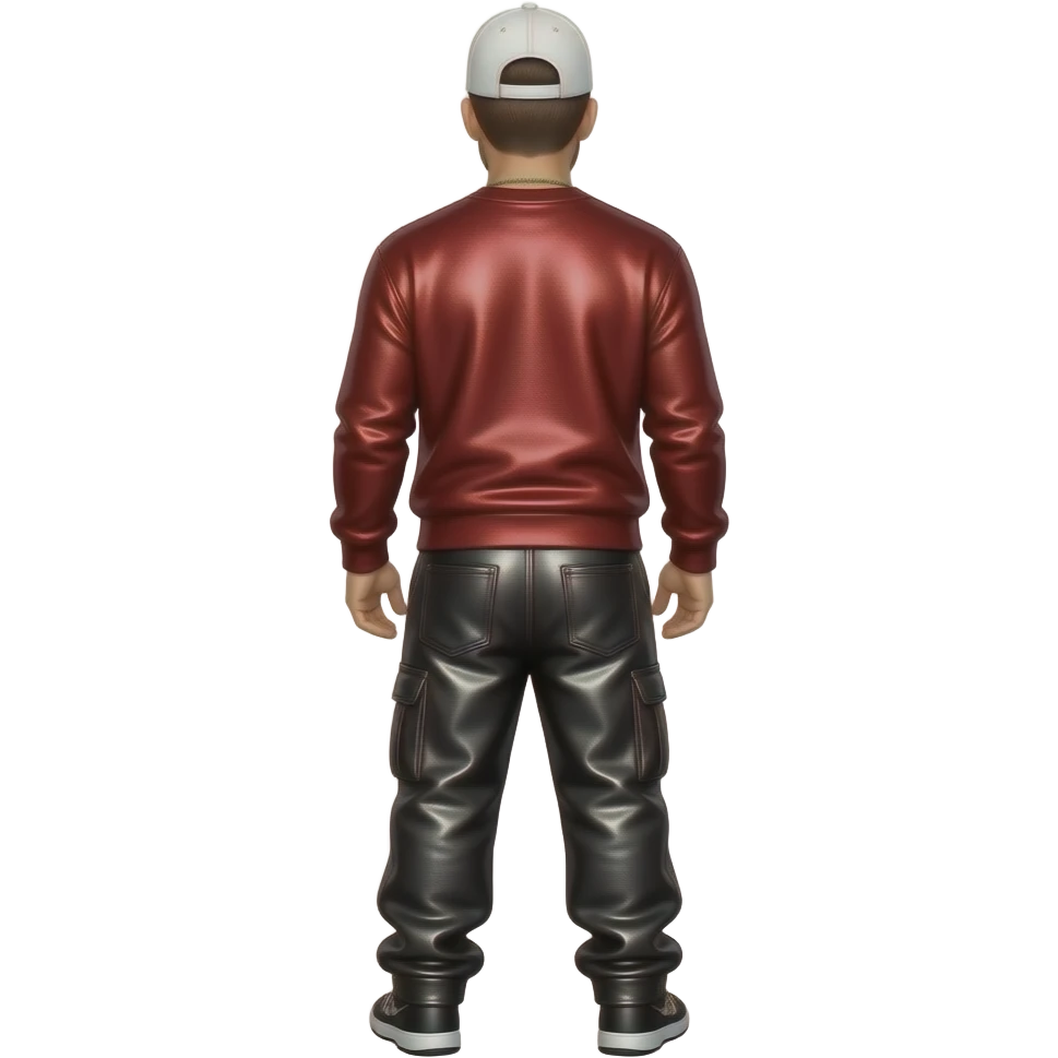 Donnie Wahlberg from behind with white cap, ruby red metallic sweatshirt, black metallic baggy pants emoji