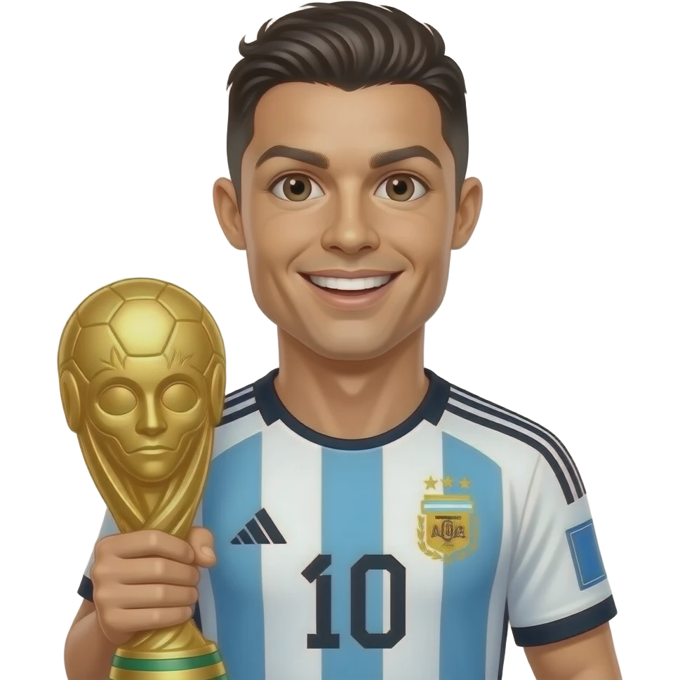 Cute 3D Ronaldo emoji wearing Argentina jersey, holding 1 golden trophy, cheerful expression, 3D emoji art style emoji