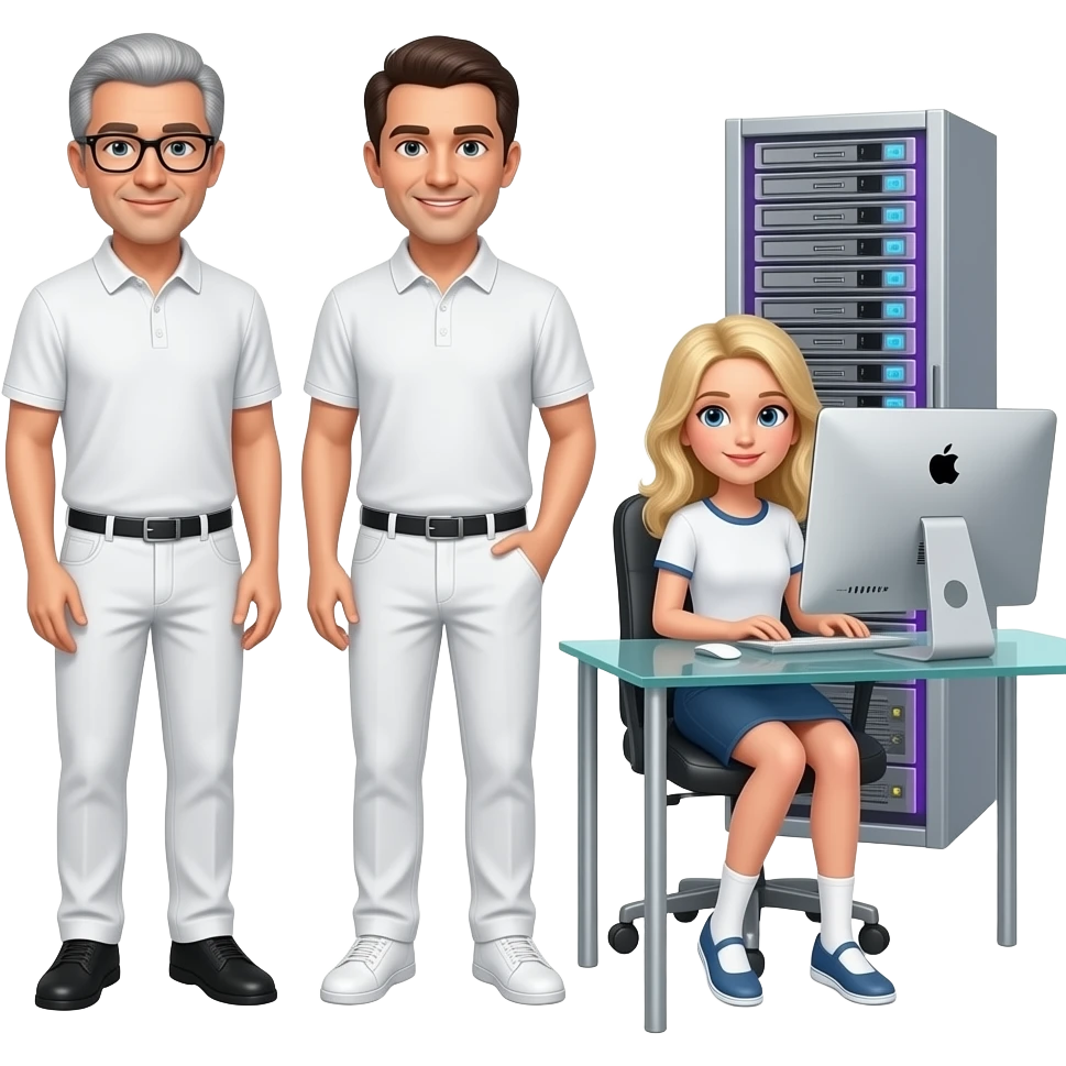 In the background is a silver server cabinet with purple lighting, in the foreground is a glass table and an imac computer, two men are standing, gray hair, black glasses, black hair, silver glasses, dressed in white pants and a polo shirt, a blonde girl is sitting at the table, emoji