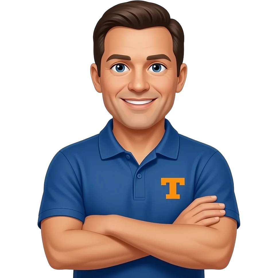Male property manager, friendly, 45 years old, casual, light tan, university of TN Fan, arms crossed emoji