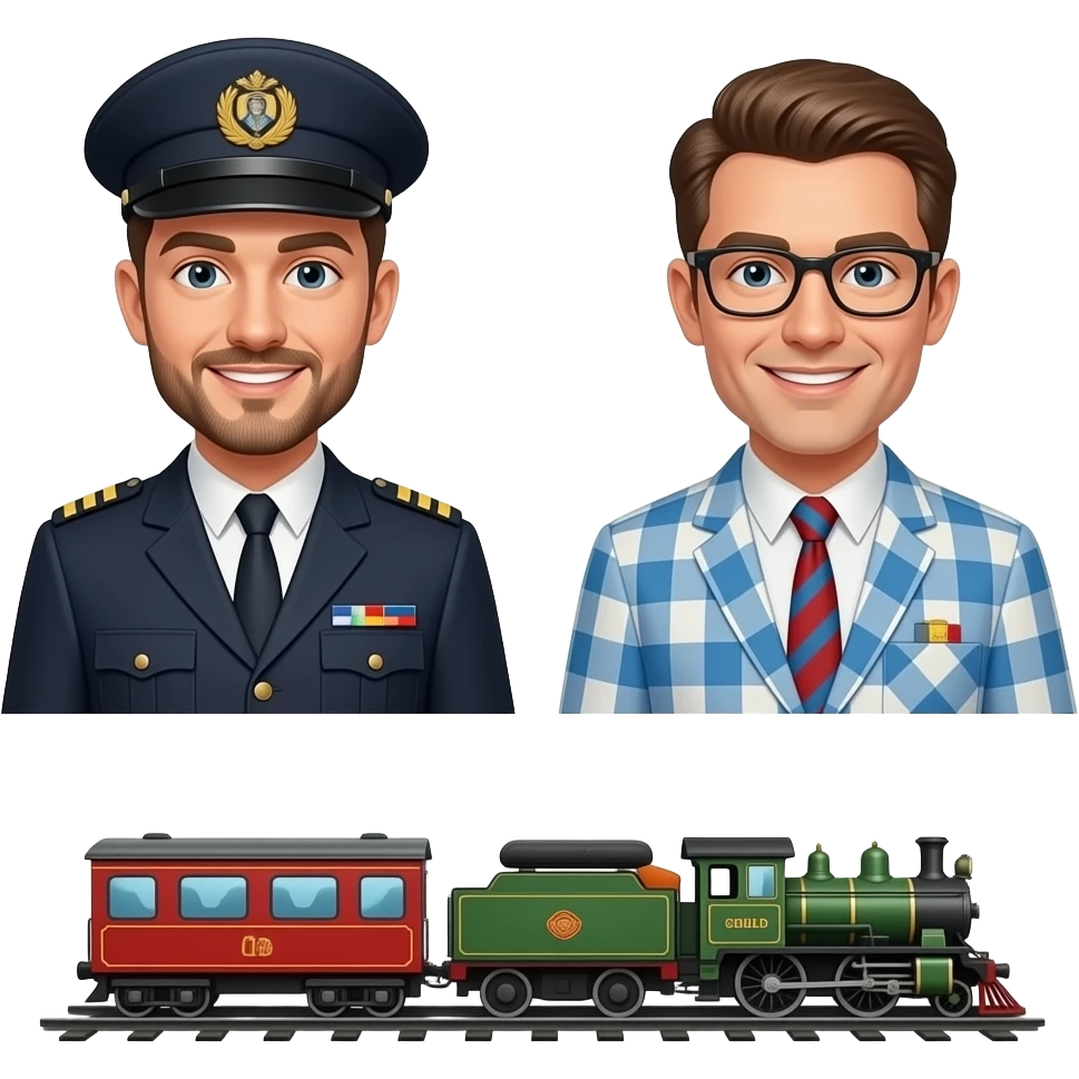 Print text: "The little train that couldn't, don't run out of steam at SteamWorks". Image of Gay leatherman train conductor, gay leatherman passengers on the little train that couldn't. emoji