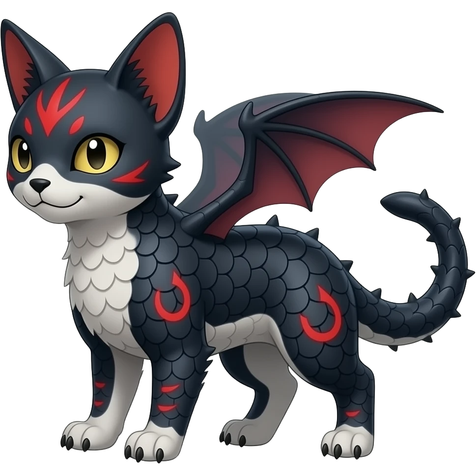 Realistic oriental Digitigrade quadrupedal gothic cool edgy cute midnight scaly blue-gray-black, with red markings, white belly, scaley Bastet-Salandit-Absol-Litten-Digimon-Fakémon-Pokémon-creature (full body), tiny spikes on back, with bat wings as ears emoji