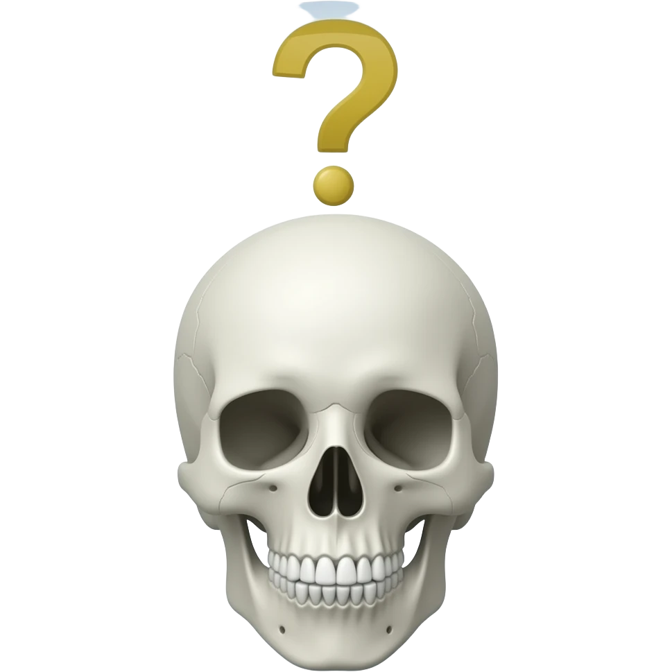 A thinking gesture of a skull head with a question mark above the head not on the skull itself emoji