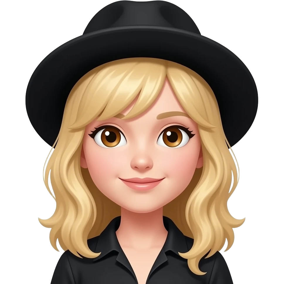 Niña de cabello rubio y sombrero negro y ojos café emoji