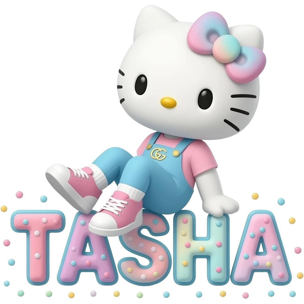 4D Velvety fur hello kitty wearing ombre white and blue and pink ombre pastel colored leggings and sneakers, and with the Gucci symbol on her ombre pastel bow sitting sideways leaning back on top of the velvety 3D outlined letters TASHA surrounded with tiny ombre pastel dots made of candy emoji