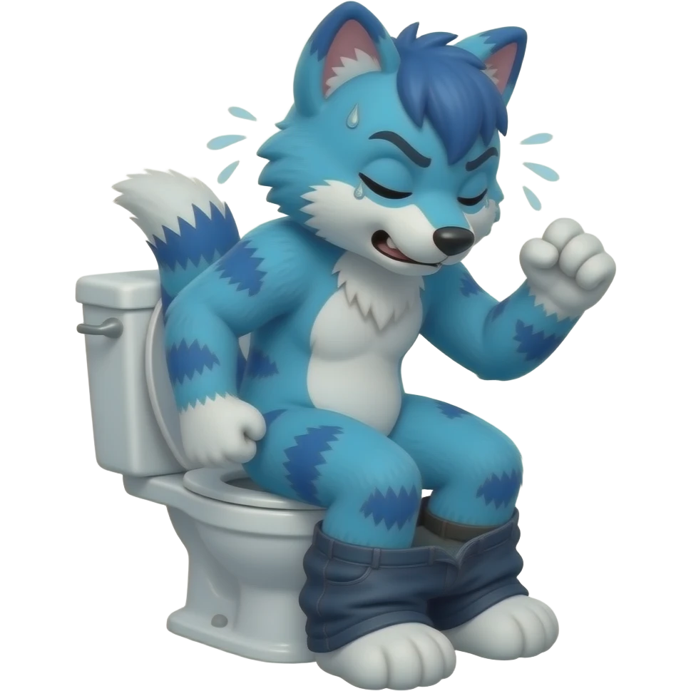 blue fursuit sitting on toilet, side view , pants down, pushing, eyes closed, straining face, , sweating, fists emoji