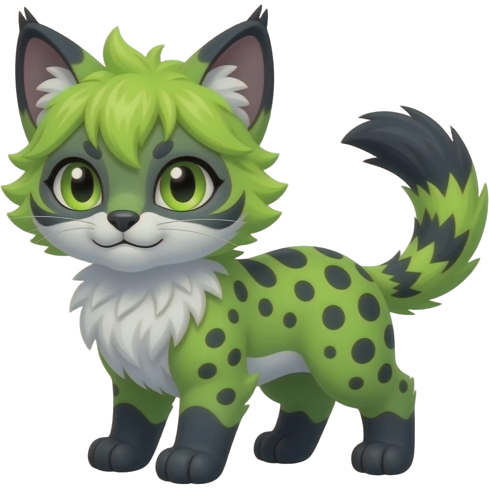 Cute kawaii cool edgy badass neon-green fur with obsidian-onyx-black points and snowy-white belly fantasy-caracal-civet-genet-sergal-vernid-Gryphon-Cacomistle-Trico-oncilla-animal-Fakémon-hybrid-fursona (full body), facial markings, (realism style) emoji