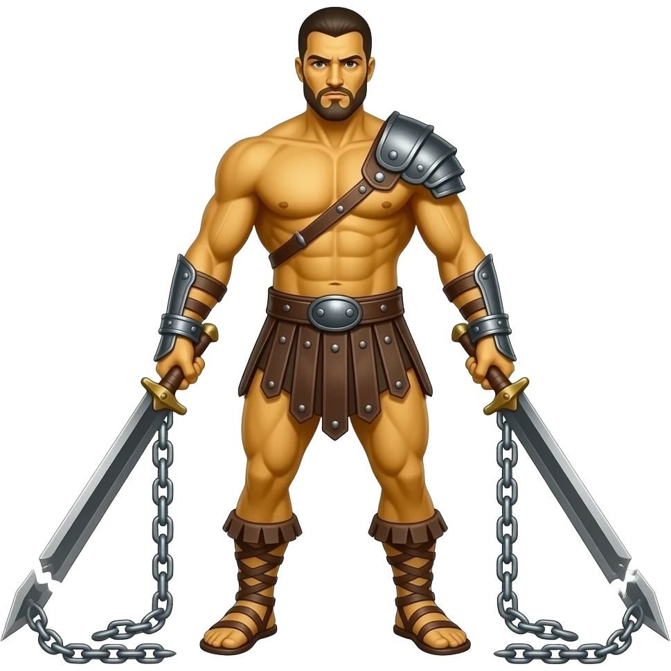 spartacus, minimal, full body, yellow skin, tipical emoji caracter style, more emojis style, more minimal, with weapons, more simplistic, emoji style, shackles on wrist with broken chains emoji