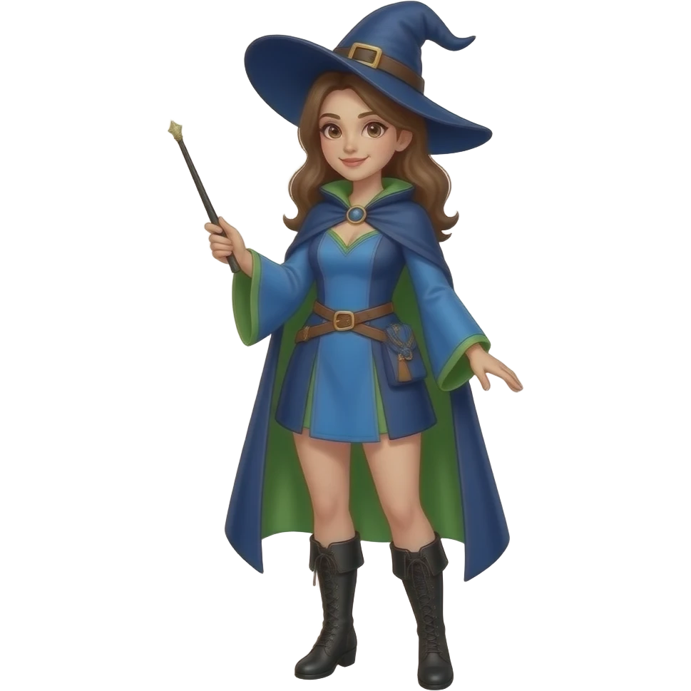 A full body White/Fair skinned woman with brown hair and brown eyes and wearing a Blue and green Witch outfit with black ankle boots and holding a black wand. emoji