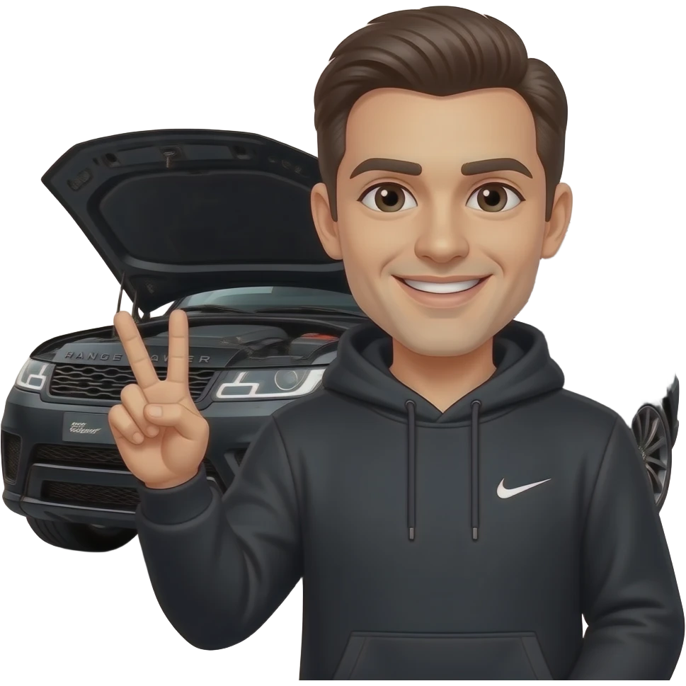 Put him in a black Range Rover svr with open hood while holding peace sign and smiling while wearing a Nike hoodie emoji