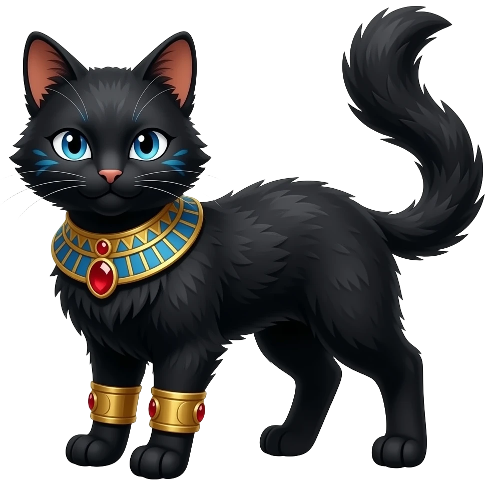 Realistic furry fuzzy Black godly overpowered ethereal majestic oriental ancient Lykoi-Caracal-Cat-Fakemon. With gold bangles, red rubies, Egyptian blue eye corner markings makeup, long thin tufted tail emoji