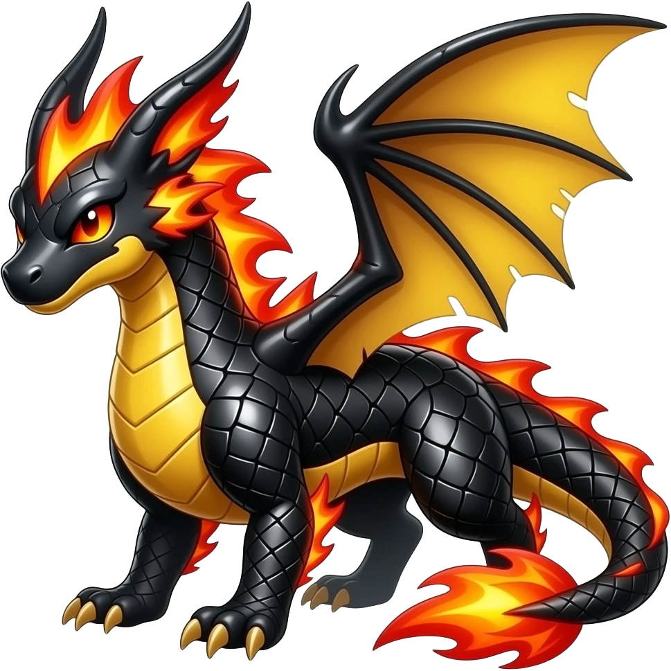 Shiny edgy cool badass fiery gold volcanic feathery spicy Furry scaly oily black with neon-markings Salandit-Salamence-Ekans-Seviper-Rapidash-Salazzle-Fakemon-hybrid emoji
