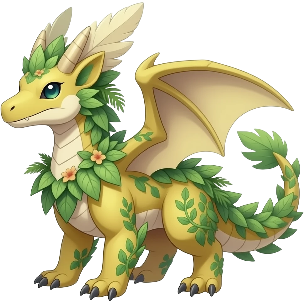 romantic ivy greenery lush tropical greenish pastel Beige yellowish beautiful gorgeous attractive pretty Raptorik scaley feathery horned Amaura-Wargreymon-Aurorus-ExVeemon-WereGarurumon-Pokémon-Fakémon-hybrid-fusion-creature, full body emoji