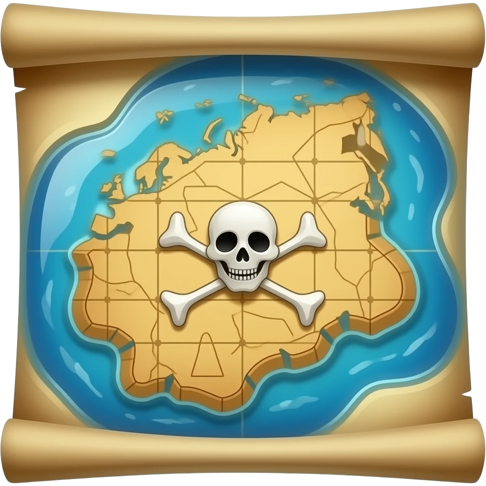 pirate Map on a paper, centered, no background, glossy, vibrant, mobile game asset emoji