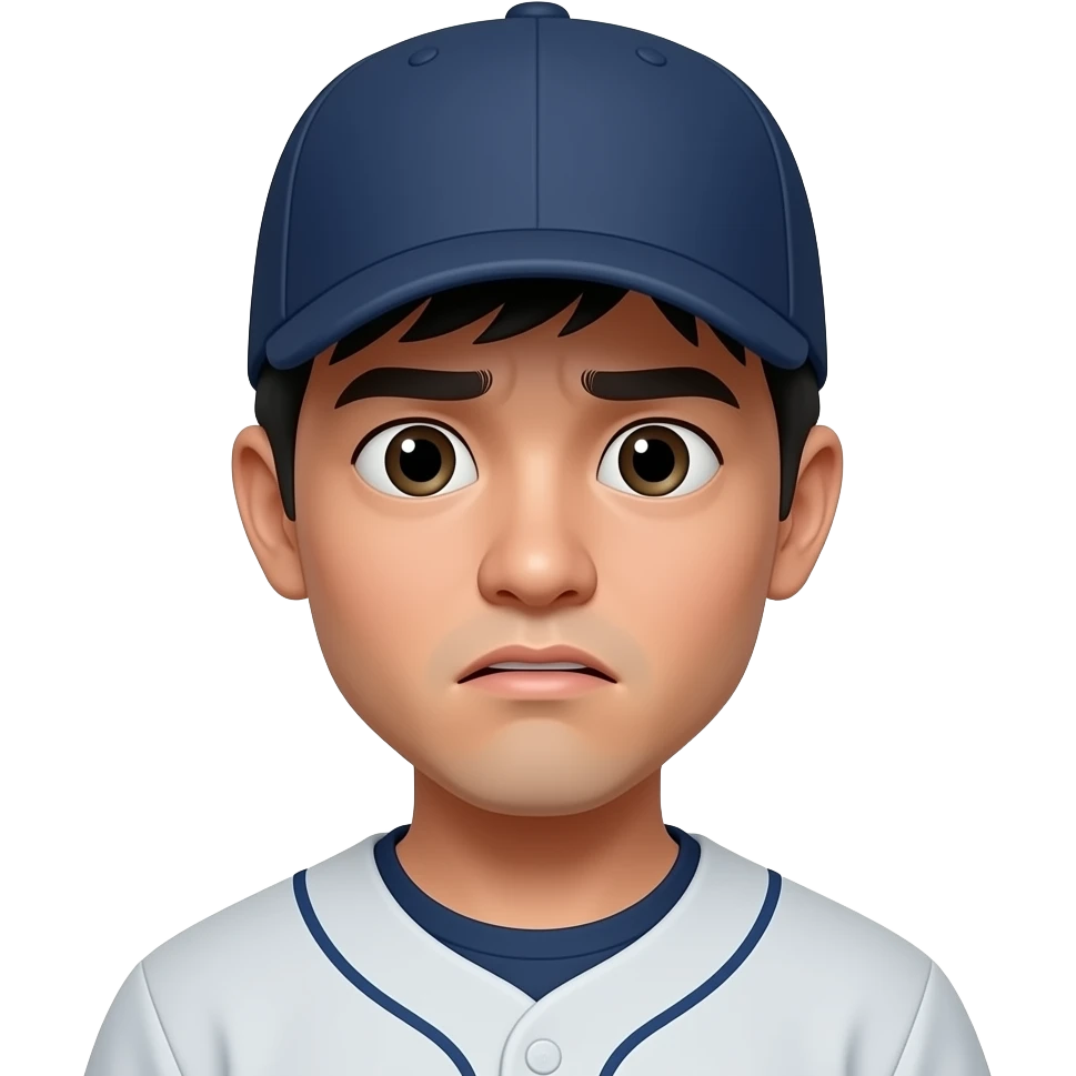 baseball fan, asian, 20s, only face, wearing ball cap, confused emoji