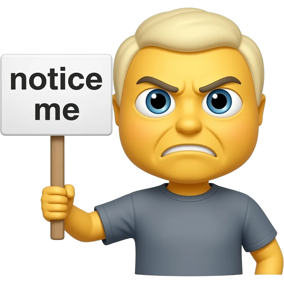 Yellow smiley impatient to you holding up a sign sign that says "notice me"" emoji