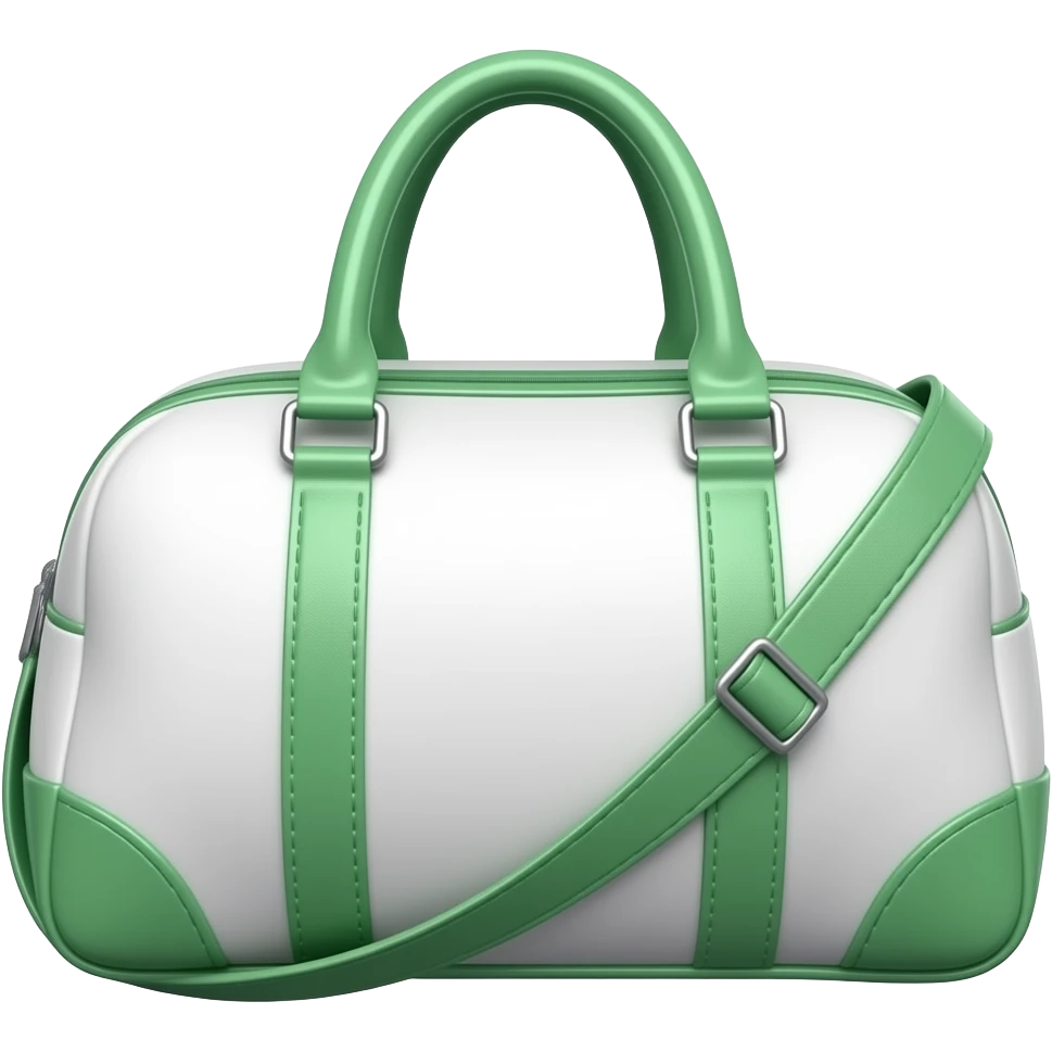 Apple iOS style white sports bag emoji, glossy 3D duffel bag, green accent details, minimal luxury design, front-facing, smooth shading, ultra detailed, clean background, premium iOS emoji aesthetic emoji