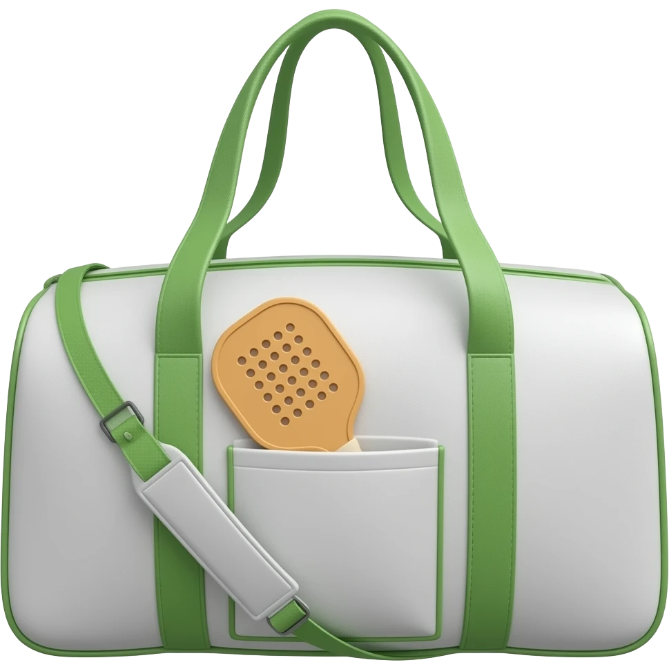 Apple iOS style white sports bag emoji, glossy 3D duffel bag with visible front paddle pocket holding a pickleball paddle, green accent details and piping, minimal luxury design, front-facing, smooth shading, ultra detailed, clean background, premium iOS emoji aesthetic emoji